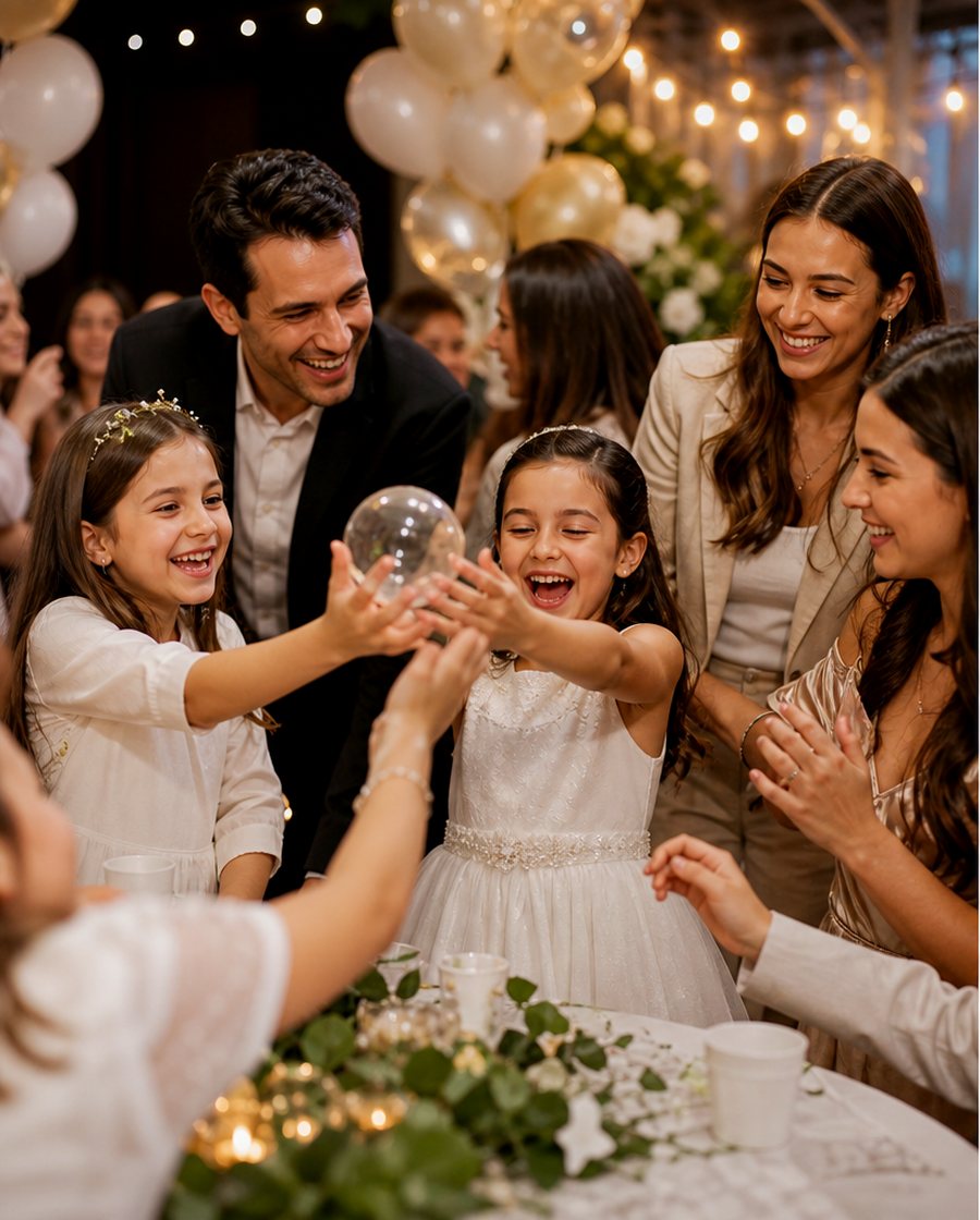 Familia celebrando una comunión en un evento elegante